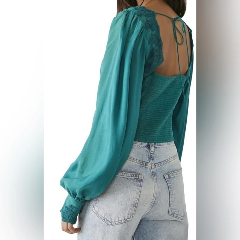 New Free People Janelle Lace Top in Green Jade SZ S 🔥🔥🔥
